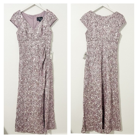 NWT Alex Evenings Women's Long Corded Lace with Surplice Neckline Mauve Size 4 - Picture 2 of 6